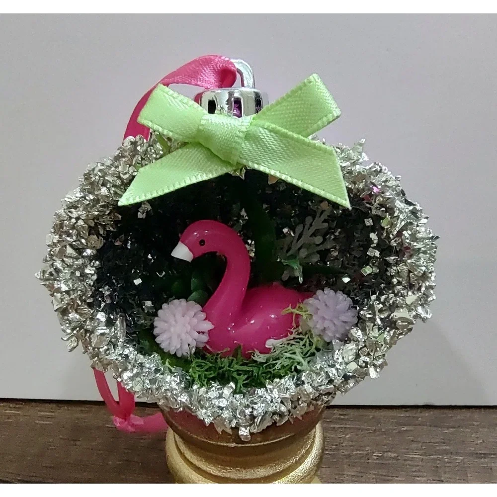 Flamingo Christmas Ornament Handmade Vtg Style OOAK Shatterproof Diorama O9
